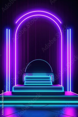 Neon lamp stage background. Glowing futuristic product display stand podium Against Background  neon geometric shape for product display presentation.