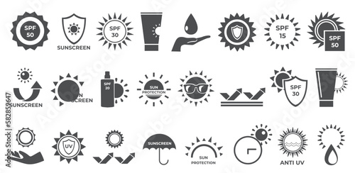 Sun protection glyph icons set. Sunscreen for body. Protection from sun and ultraviolet. Body cream