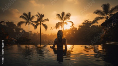 infinity pool, woman relaxing in Bali, generative ai © ThisDesign