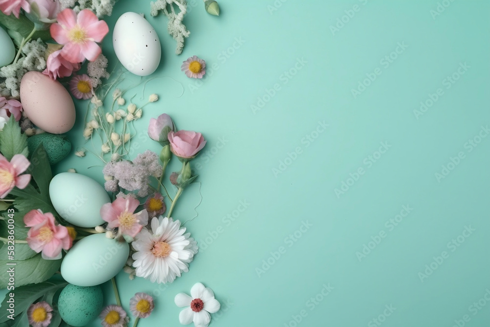 Easter eggs and flowers with space on the right, Created with generative AI