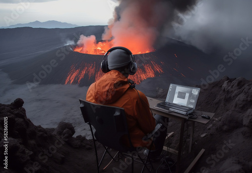 Man watching a erupting volcano from a desk office, Created with generative AI