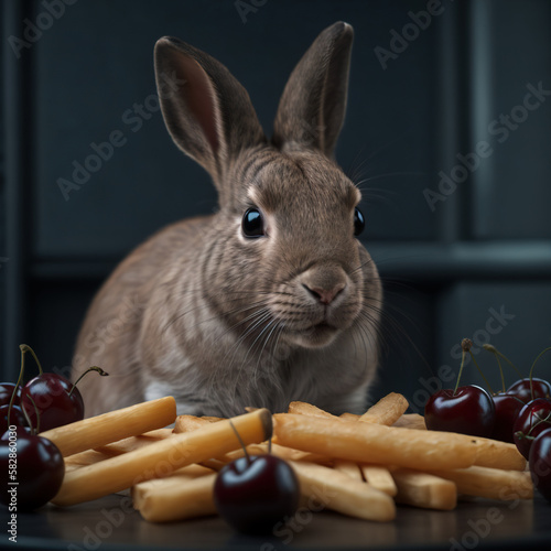 rabbit next to french fries and cherries, Generative AI