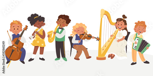Happy children play classic musical instruments flat icons set. Creative hobby. Saxophone, cello, harp, accordion