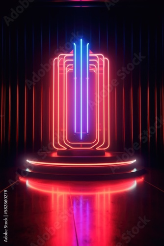 Neon lamp stage background. Glowing futuristic product display stand podium Against Background  neon geometric shape for product display presentation.