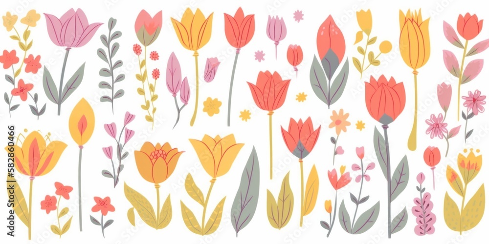 set of tulips doodle, Abstract floral print illustration set. generative ai