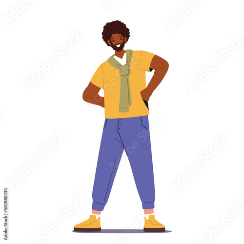 Black Smiling Man Standing With Arms Akimbo And Cheerful Face Expression. His Body Language Exudes Confidence