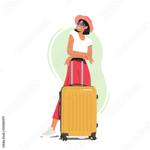 Woman Character Stands Beside Luggage, Ready For Travel Or Commute. Concept Of Adventure, Journey, Or Relocation