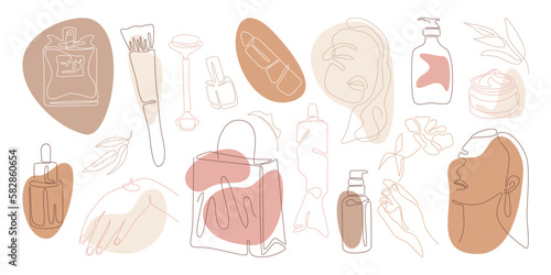 Beauty drawings in line art on color spot. Continuous icons of cream, lotion, face foundation, serum