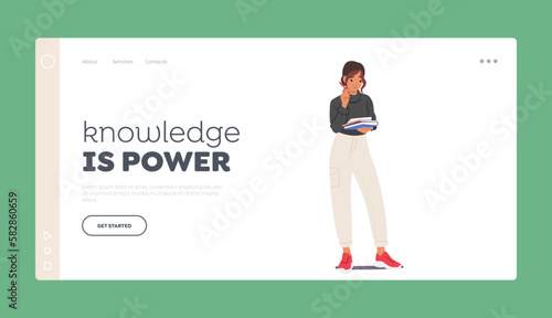 Education Landing Page Template. Student Girl Character Standing With Pen And Notebooks In Hand Vector Illustration