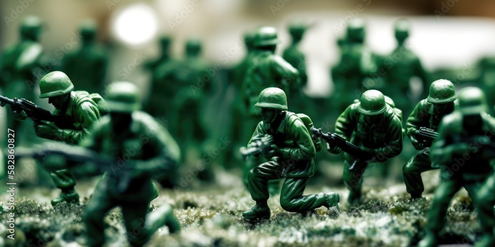 Green plastic toy soldiers in the middle of a war, generative ai - obrazy, fototapety, plakaty 