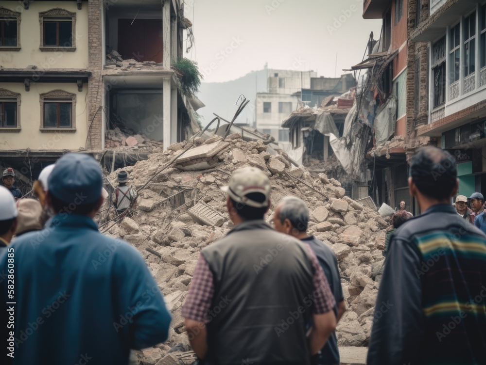 People helping after an earthquake, the concept of solidarity. generative ai