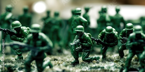 Green plastic toy soldiers in the middle of a war, generative ai photo