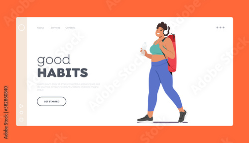 Good Habits Landing Page Template. Happy Plump Woman Carrying Yoga Mat. Female Character Promote Fitness
