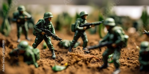 Green plastic toy soldiers in the middle of a war, generative ai