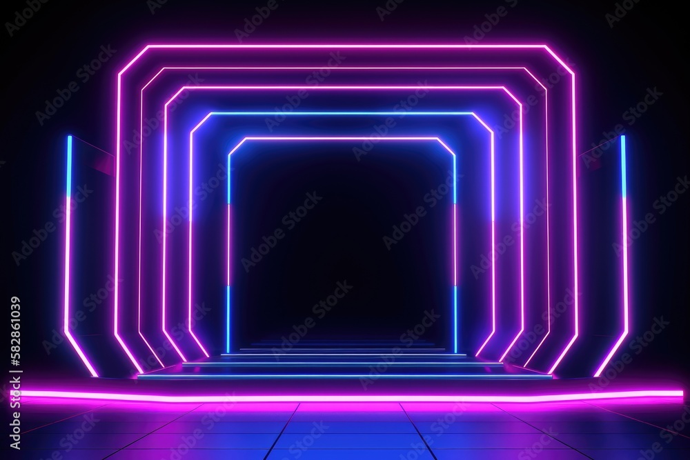 Fototapeta premium Neon lamp stage background. Glowing futuristic product display stand podium Against Background, neon geometric shape for product display presentation.