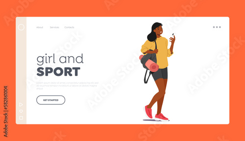 Girl and Sport Landing Page Template. Female Character Carry Yoga Mat As She Walks Towards The Gym. Concept of Fitness