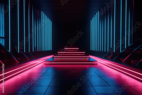 Wallpaper Mural Neon lamp stage background. Glowing futuristic product display stand podium Against Background, neon geometric shape for product display presentation. Torontodigital.ca
