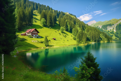 beautiful swiss landscape with house, lake, mountains and pine trees, AI generative