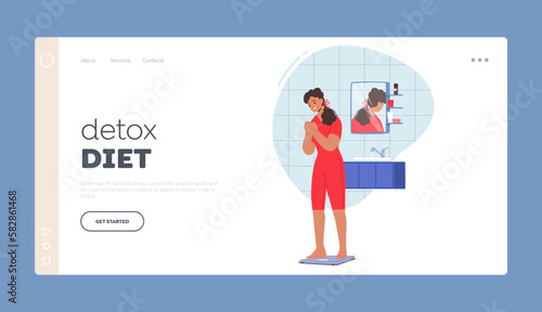 Detox Diet Landing Page Template. Unhappy Young Girl Standing On Weight Scales. Health Awareness, Dieting