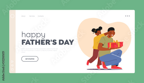 Happy Fathers Day Landing Page Template. Little Daughter Handing A Gift To Her Dad Closing his Eyes, With A Smile