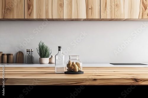 timber table a wooden table top or shelf in a contemporary, premium condominium with a minimalist, white kitchen, tasteful interior architecture. Generative AI