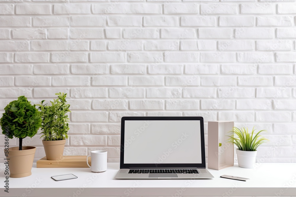 Mockup of a laptop with a blank screen, fruits in a basket, a box of cards, and a houseplant on a white wooden top table in a modern room with a brick wall. Generative AI Mockup of a laptop with a blank screen, fruits in a basket, a box of cards, and a houseplant on a white wooden top table in a modern room with a brick wall. Generative AI