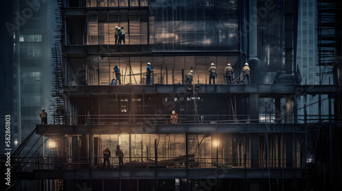 A construction crew working at night on a scaffolding. AI Generated