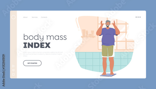 Body Mass Index Landing Page Template. Senior Male Character Stand On Scales Surprised with His Weight Gain