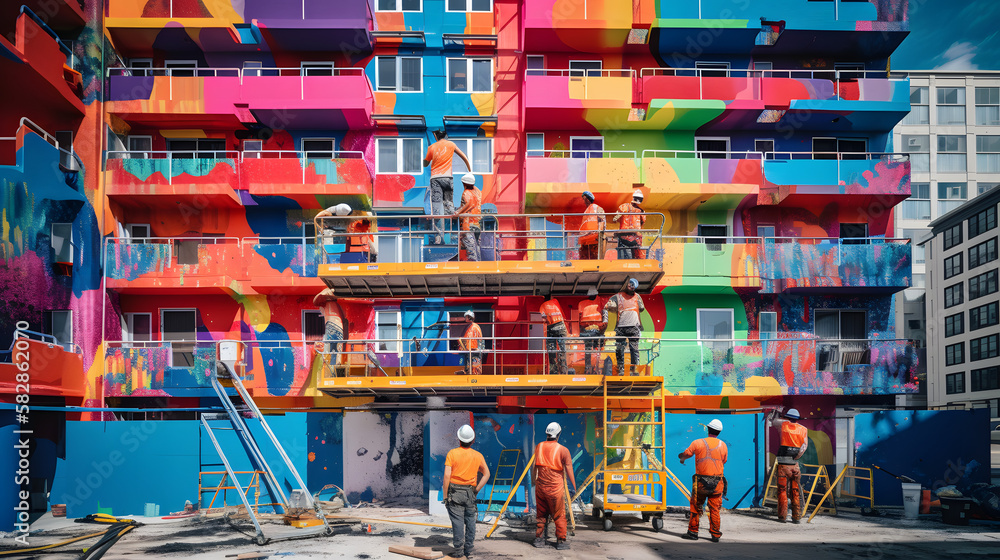 A consturction site with painters painting a building with bright beautiful colors, AI Generated