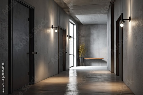 modern hallway with a gray door and wall. Interior design concept. Generative AI