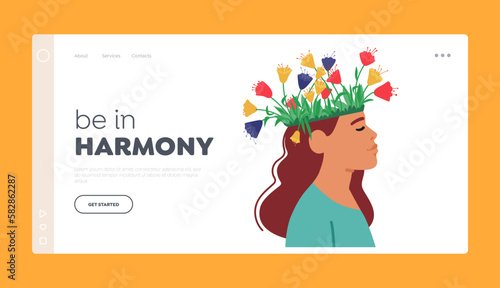 Mental Harmony Landing Page Template. Calm Female Character with Closed Eyes and Colorful Flowers Growing in Head
