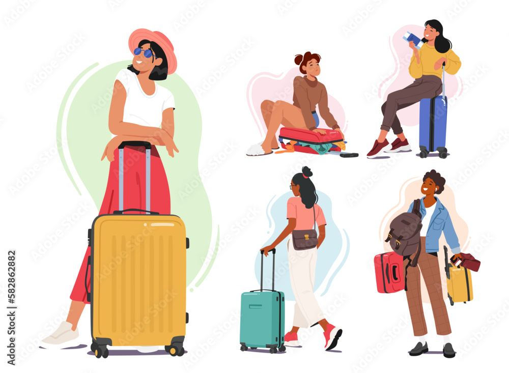 Set of Women Characters with Suitcases And Bags Heading Towards The Airport Or Train Station. Concept of Travel