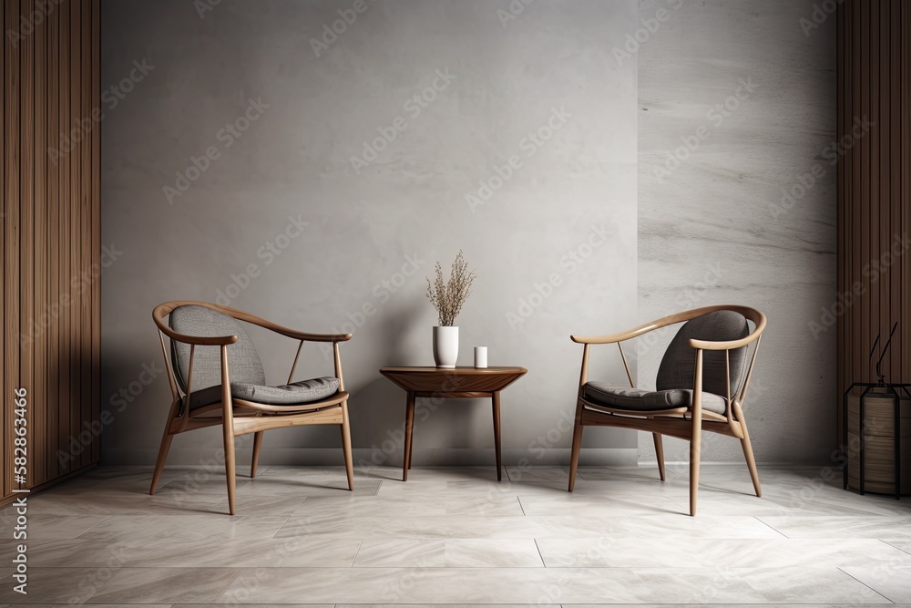 Fototapeta premium Chairs in a minimalist environment with an arch wall background. concept for a wall mockup. Generative AI