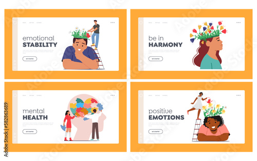 Mental Health Landing Page Template Set. Characters Treat Depression, Loneliness, Brain Development Or Hopelessness