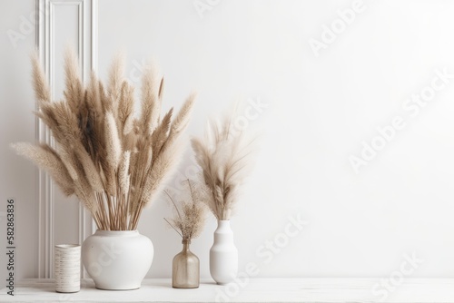 A mock up of a Scandinavian style backdrop with dried pampas grass on a white wooden table surface and a white wall background. Generative AI