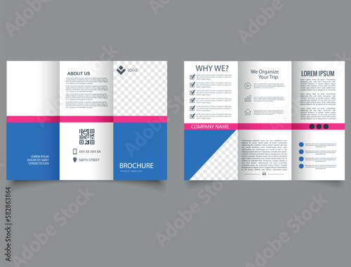 Simple blue trifold brochure. Corporate brochure, trifold template design.