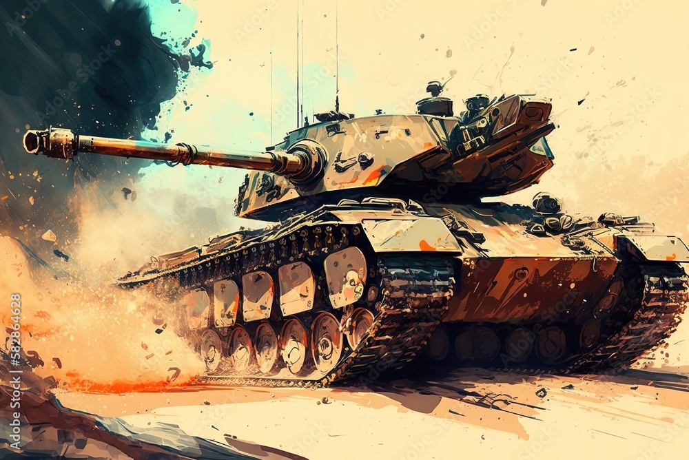 World War II digital art graphic painting of a tank engaged in action