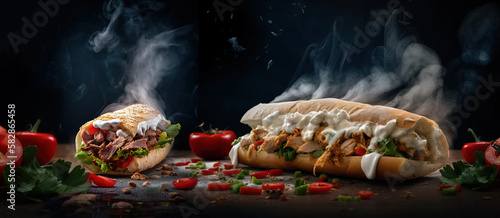 fresh grilled donner or shawarma beef and chicken wrap roll hot ready to serve and eat as wide banner with copyspace area - Generative AI