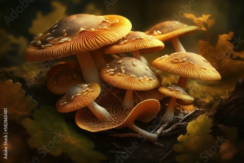 Wild mushrooms in the forest. Fairy tale atmosphere. AI generated
