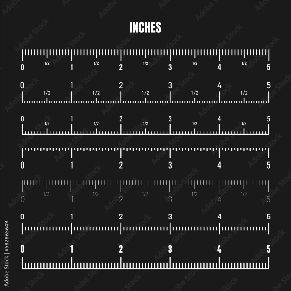 Realistic white inch scale for measuring length or height. Various