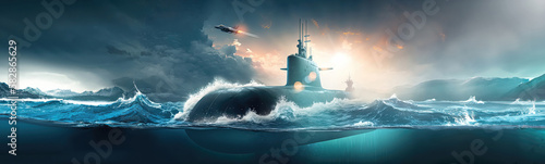 Generic military nuclear submarine floating in the middle of the ocean with a fighter jet in the background, wide poster design with copy space area - Generative AI photo