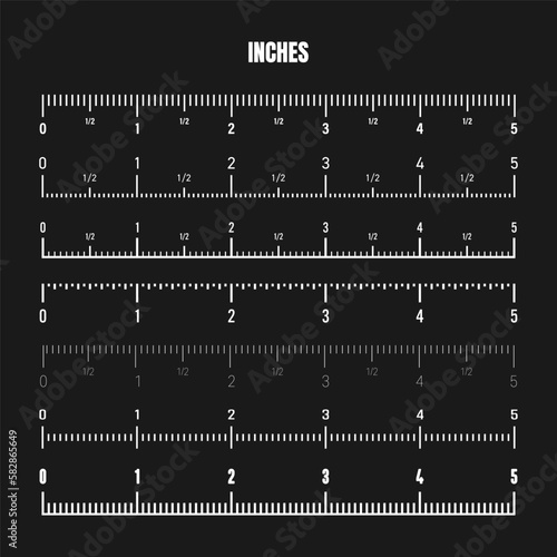Realistic white inch scale for measuring length or height. Various measurement scales with divisions. Ruler, tape measure marks, size indicators. Vector illustration