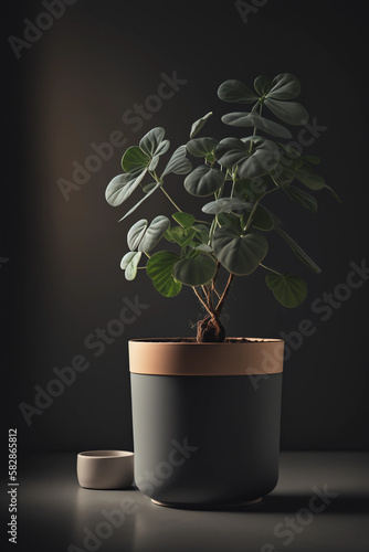 a little plant in a black and gold pot, on a black backround, Environmentally friendly