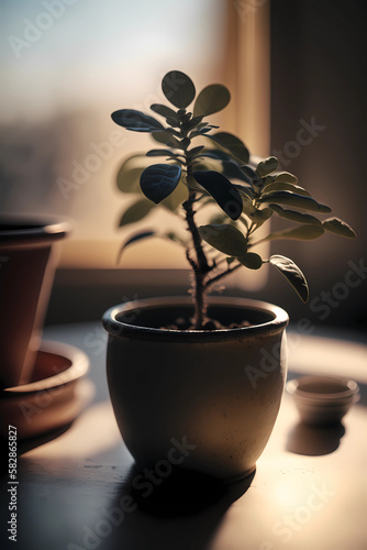 a little plant in a pot in the backround is the morning light in the window, good environmnet photo