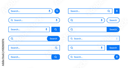 Various search bars with outline border. Internet browser engine with search box, address bar and text field. UI design, website interface element, web icons and push button. Vector illustration