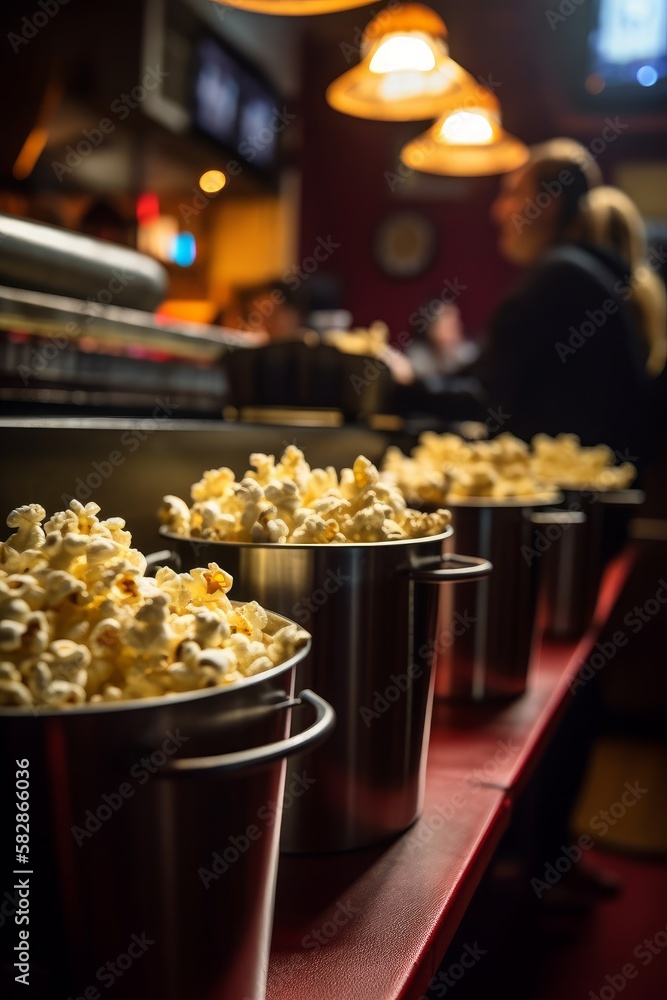 Popcorn ready to eat in a theater bucket or container, with space for text. Generative AI. 