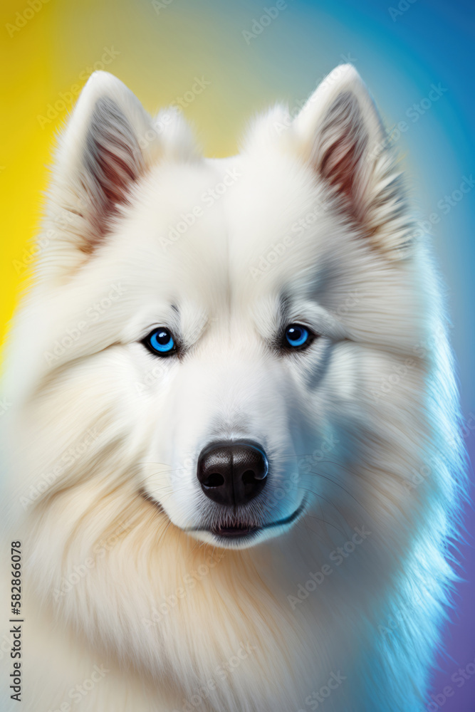 Fototapeta premium Portrait of white husky with blue eyes on coloured studio background. AI generative illustration.
