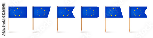 Realistic various European toothpick flags. Souvenir from Europe. Wooden toothpicks with paper flag. Location mark, map pointer. Blank mockup for advertising and promotions. Vector illustration