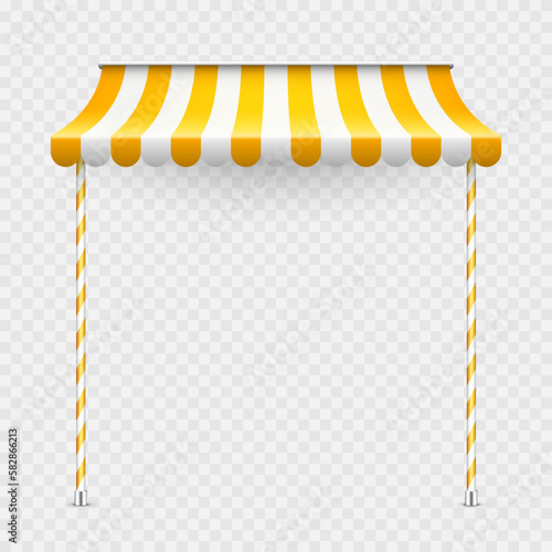 Yellow shop sunshade with stand holders. Realistic striped cafe awning. Outdoor market tent. Roof canopy. Summer street store. Vector illustration