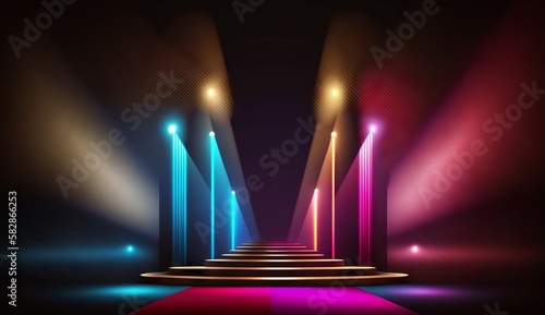 Blue Pink Red Golden Stage Spotlights Awards Graphics Background Celebration. Generative ai